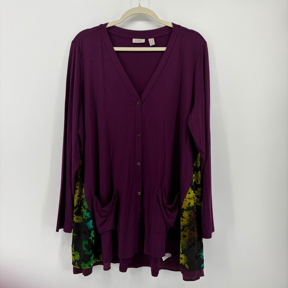 LOGO Womens 1X Purple Cardigan Floral Velvet Burnout Side Panels Long Tunic